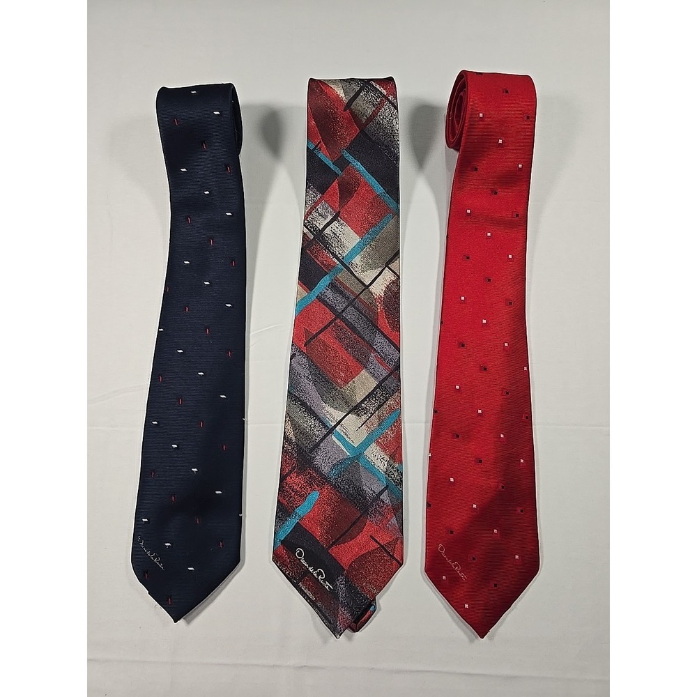 Tie Lot Of 3 Oscar De La Renta Designer 100% Silk Men's Blue Red Signature